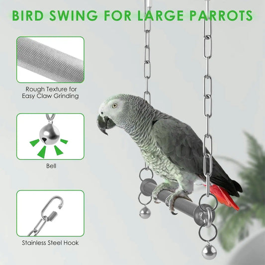 Stainless Steel Bird Swing Perch with Bell | Large Cage Toy Bird Cage Swing Peaceful Pleasures Health and Wellness