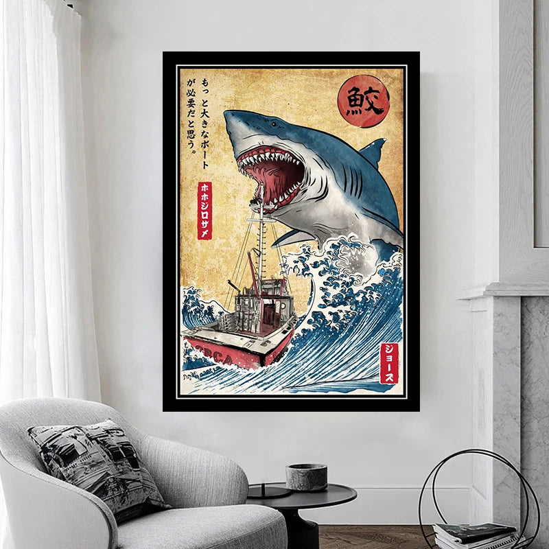 Jaws Posters Shark Canvas Painting Mordern Wall Art Picture Living Room Bedroom Home Decor American Classic Horrible Movie Peaceful Pleasures Health and Wellness
