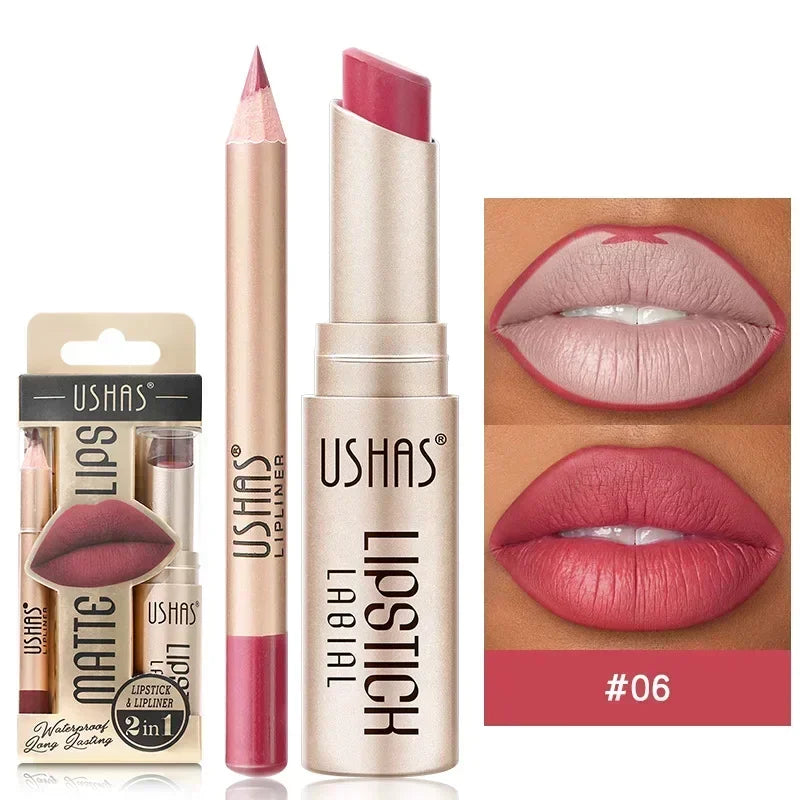 Professional 2 In 1 Lip Liner Lipstick Set Matte Finish High Pigment Long Lasting Waterproof Sweatproof Cosmetic Beauty Makeup Peaceful Pleasures Health and Wellness S6