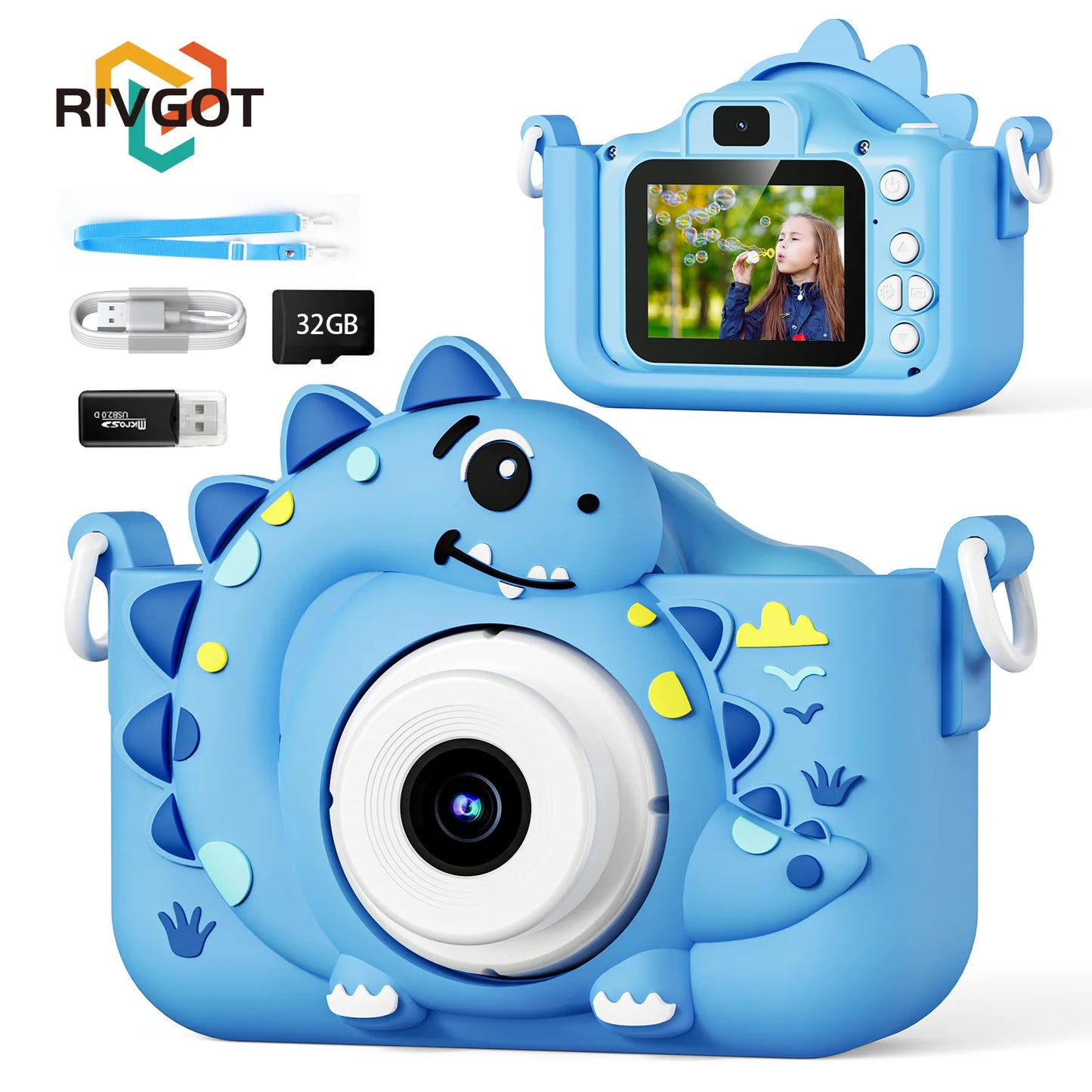 Kids Digital Camera with 32G Card Toy Girl Boy 1080p Hd Screen Outdoor Cartoon Dinosaur Camera Photography Video Birthday Gifts Peaceful Pleasures Health and Wellness Blue 32G card