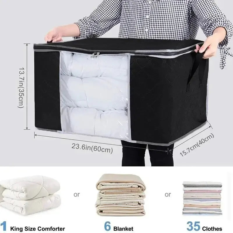 1/2Pcs Non-Woven Fabric Blanket Organizer Quilt Storage Bag Blanket Storage Bags Zipper Duvet Storage Cover Under Bed Storage Peaceful Pleasures Health and Wellness 1pc black