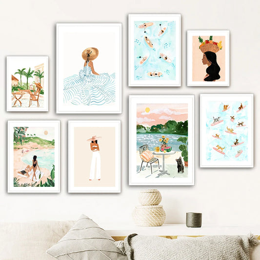 Summer Beach Leisure Holiday Fashion Wall Art Canvas Painting Nordic Poster Room Decor Tropical Watercolor Sunbathe Surfing Peaceful Pleasures Health and Wellness