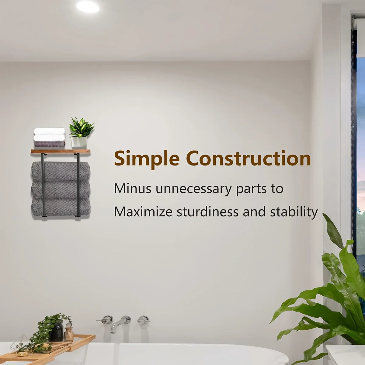 Black Minimalist Towel Rack with Wooden Shelf | Bathroom Wall Mount Wall-Mounted Towel Rack Peaceful Pleasures Health and Wellness