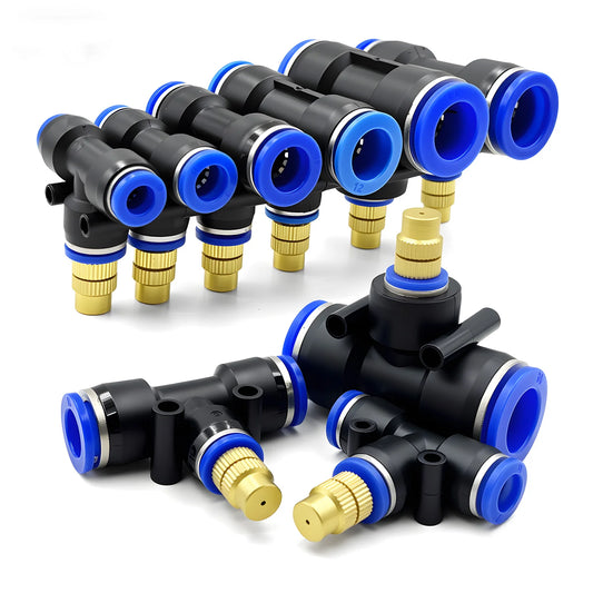 Brass Misting Nozzle with Tee Adapter Adjustable Atomizer Sprayer Outdoor Garden Irrigation Watering 6/8/10/12/14/16mm PE Tubing Peaceful Pleasures Health and Wellness