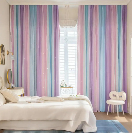 Kids Colorful Rainbow Curtains For Bedroom 2-Layer Hollow Out Twinkle Star Drapes For Girls Antique Grommet Top Window Decor Peaceful Pleasures Health and Wellness