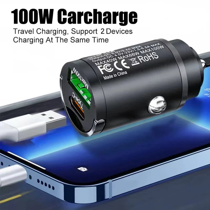 100W Dual USB Car Charger QC3.0 PD Fast Charging Adapter
