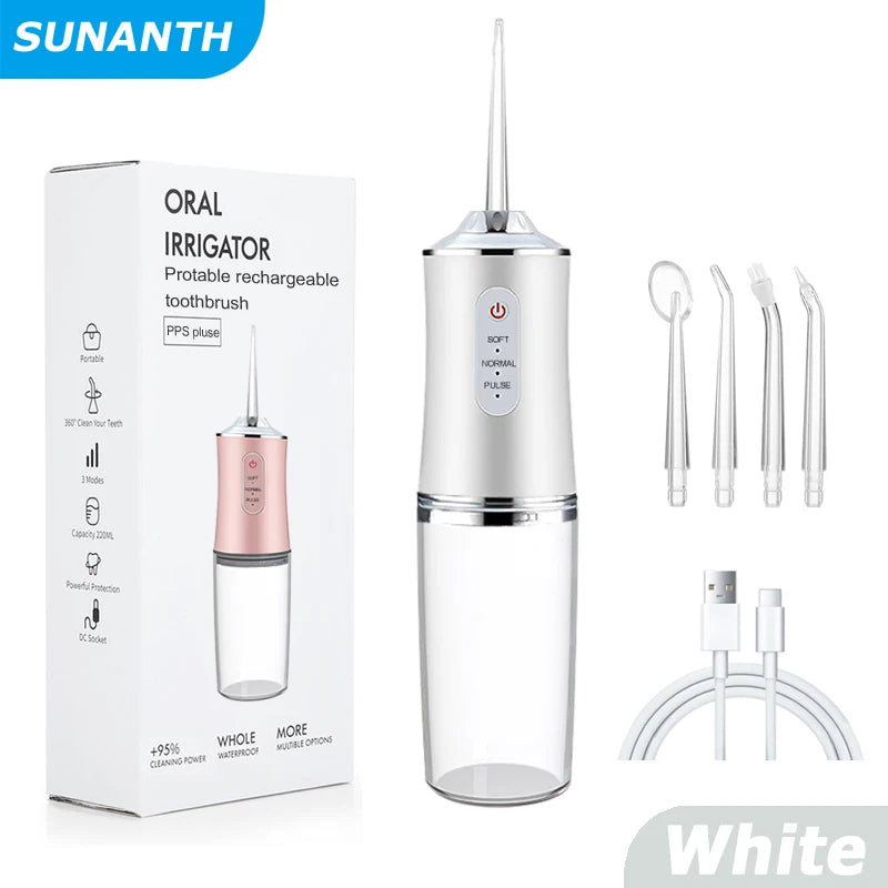 Portable Oral Irrigator USB Fast Rechargeable Mouth Washing Machine For Family Travel 3 Modes 4 Jet Tips Teeth cleaning machine Peaceful Pleasures Health and Wellness 059-White