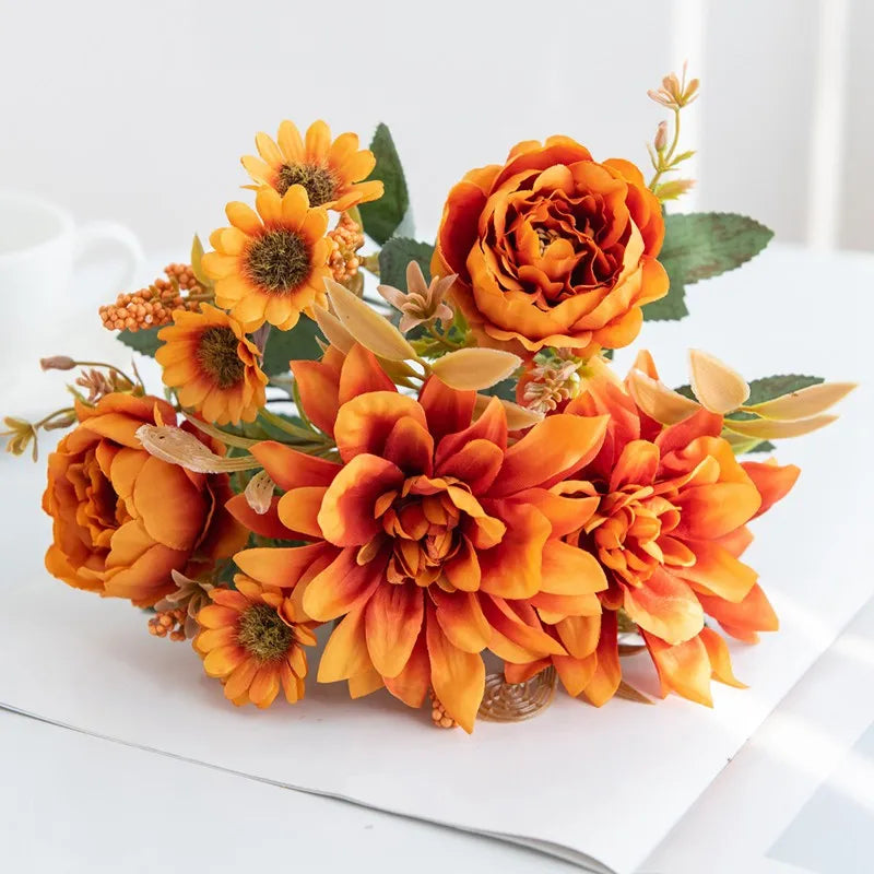 Silk Artificial Dahlia Rose Daisy Bouquet | Wedding & Party Decor