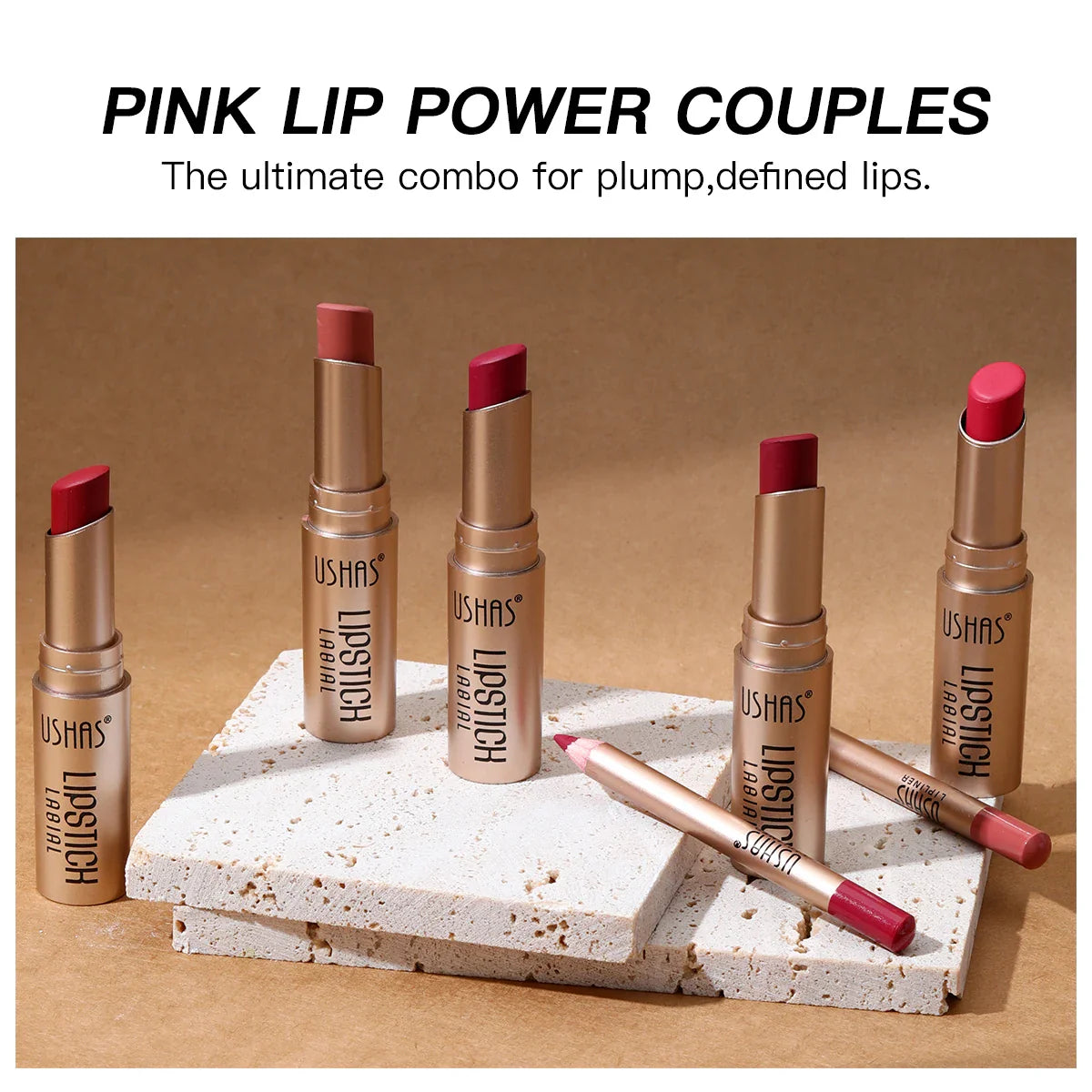 USHAS 12-Color Matte Lipstick & Lip Liner Set – Waterproof