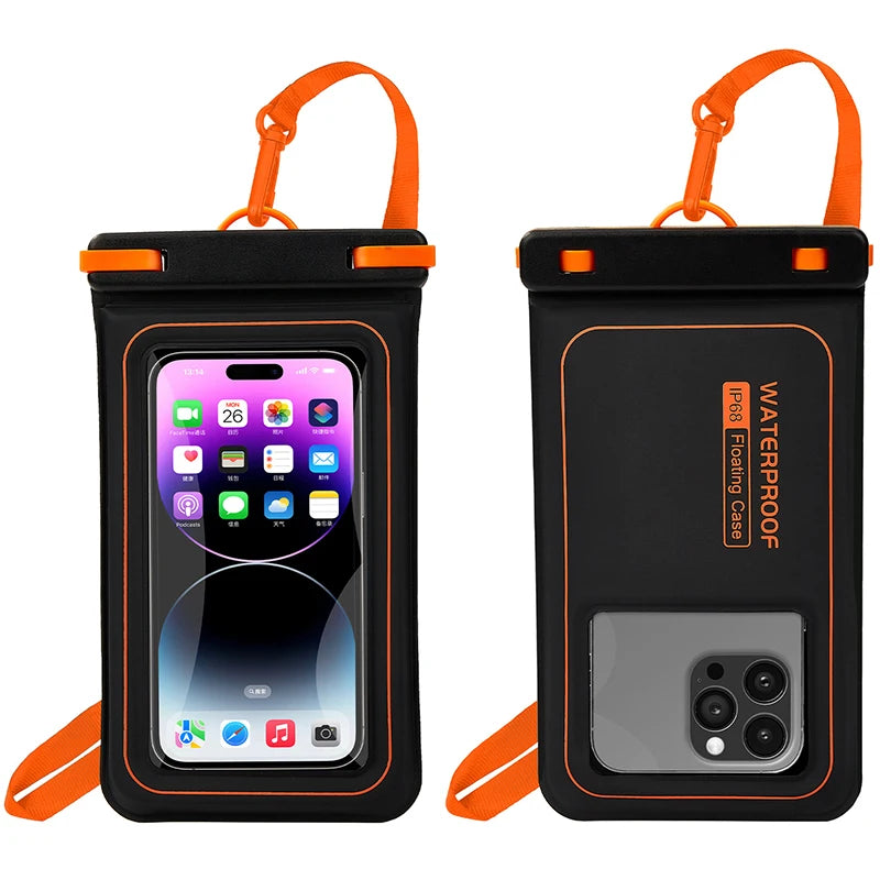 IPX8 waterproof phone pouch for swimming bag phone waterproof case mobile phone waterproof pack floating phone case under water Peaceful Pleasures Health and Wellness Black and orange