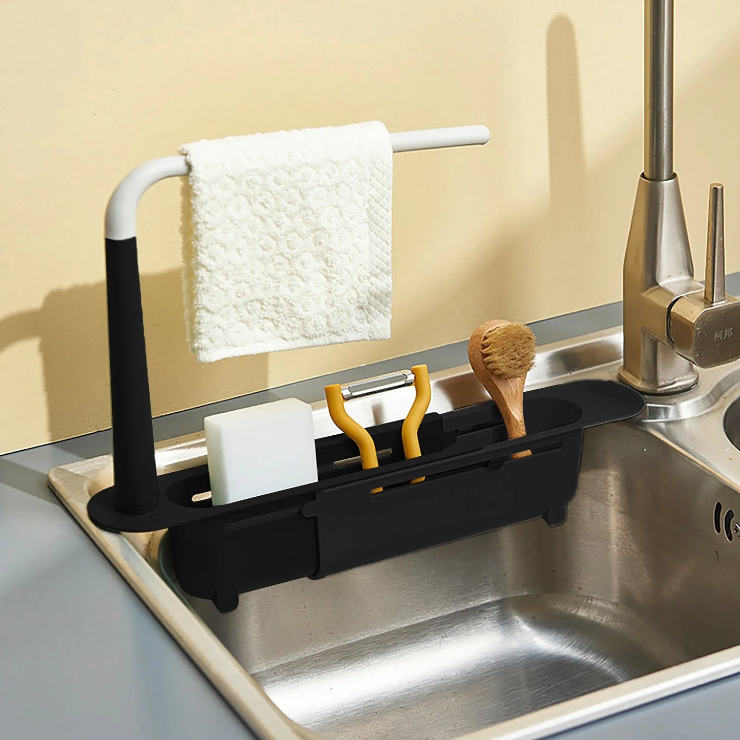 elescopic Sink Shelf Drainer Rack Kitchen Organizer Soap Sponge Holder Towel Rack Storage Organizer Basket Gadgets Accessories Peaceful Pleasures Health and Wellness