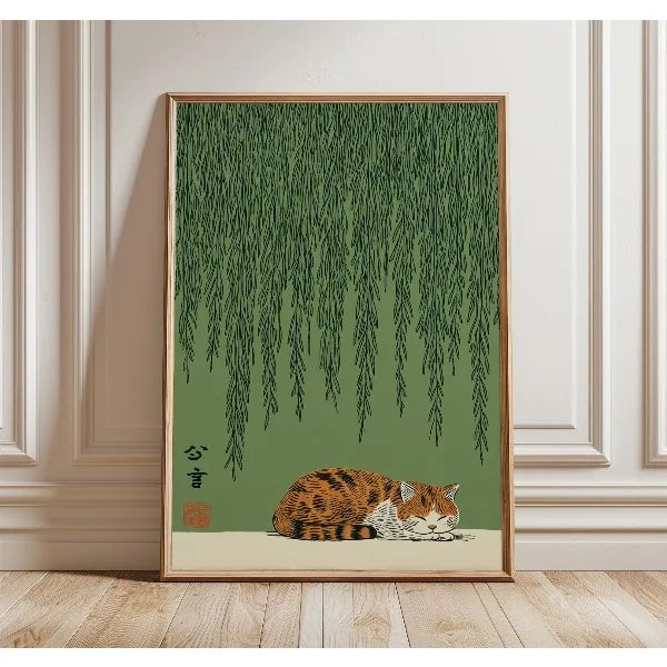 Japanese Cat & Willow Lily Pond Canvas Wall Art Print