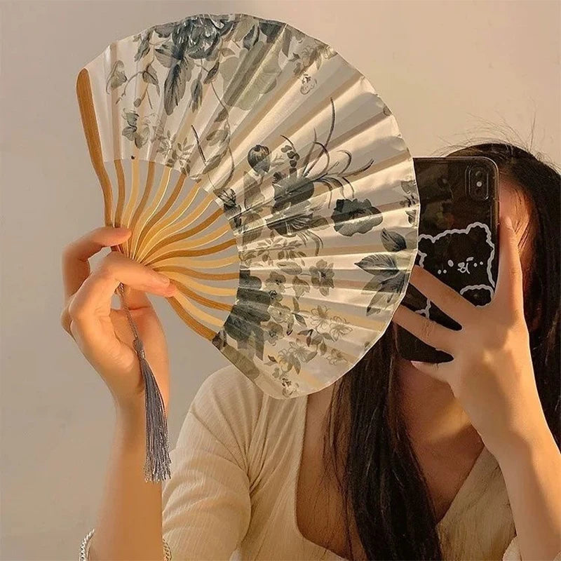 Silk Bamboo Folding Hand Fan – Vintage Floral Wedding & Dance Fan