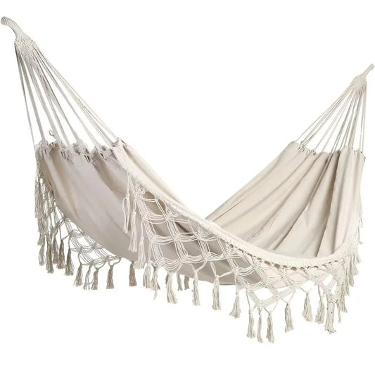 Boho Double Hammock – 2 Person Canvas Swing with Tassels Boho Canvas Hammock Oasis Select 200x150cm-White-tie