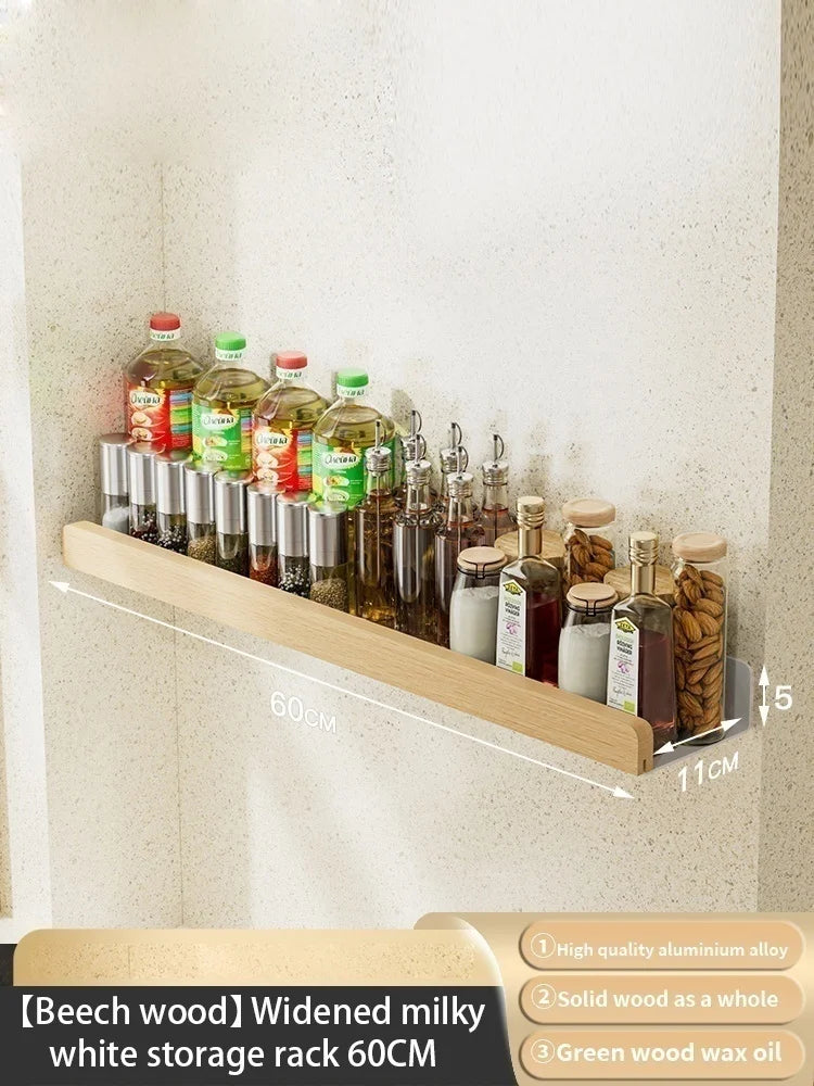 Wall-Mounted Wood & Aluminum Spice Rack with Hooks | Kitchen Organizer