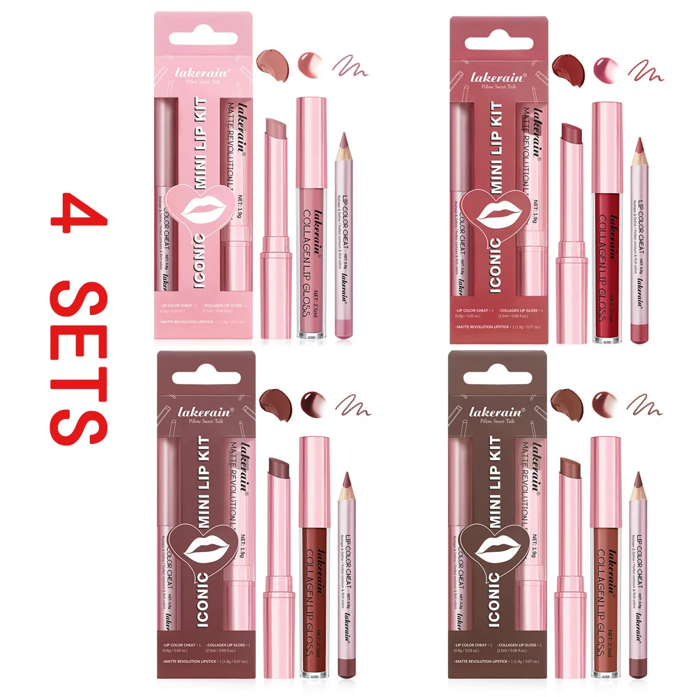 3pcs Lip Makeup Set Lip Liner Lip Gloss Lipstick Mirror Effect Beep Lips High Color Long-lasting Hydrates Travel Mini Set Peaceful Pleasures Health and Wellness 4 sets