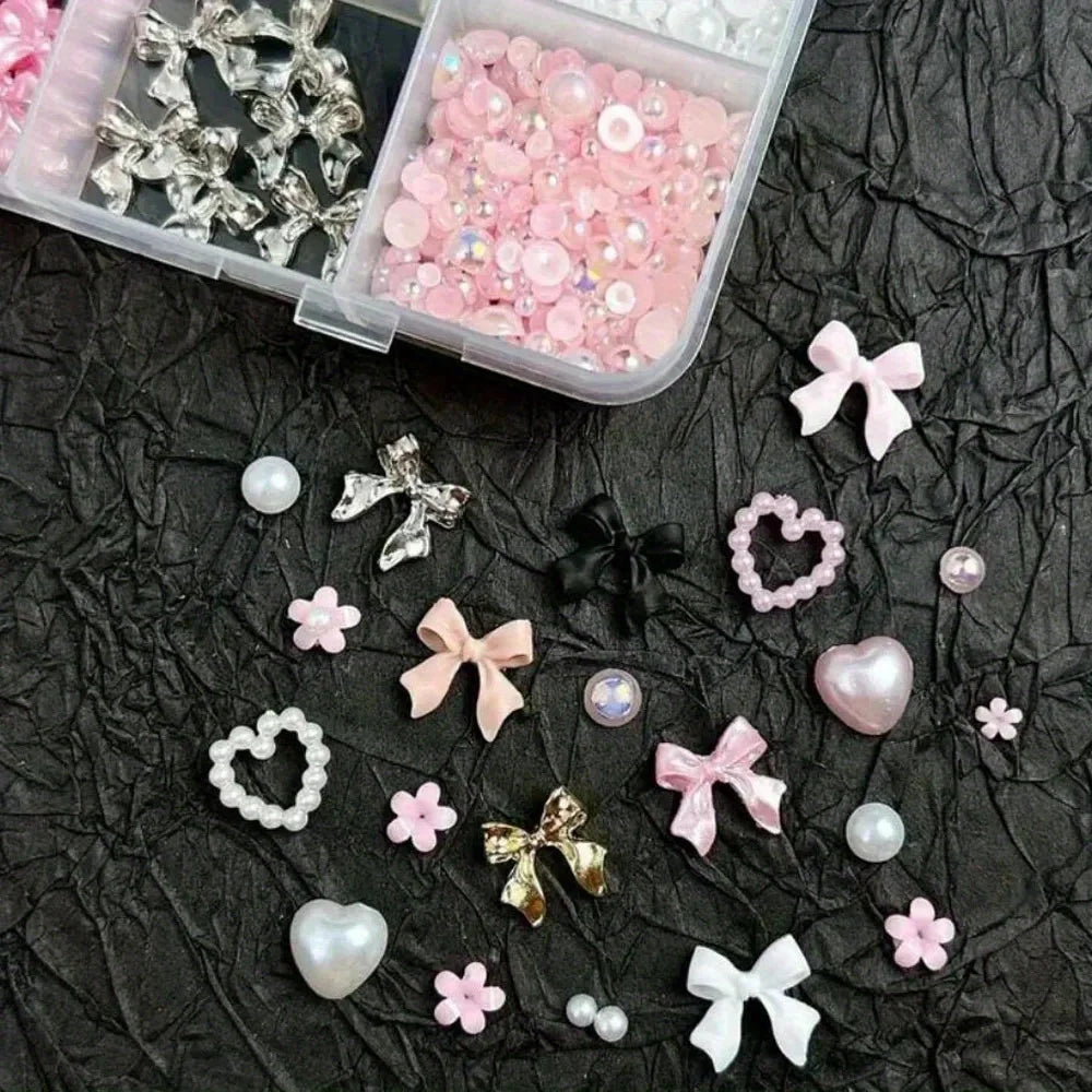 1 Box Multi Ribbon Bow Resin Nail Decoration Mixed Alloy Pearl Love