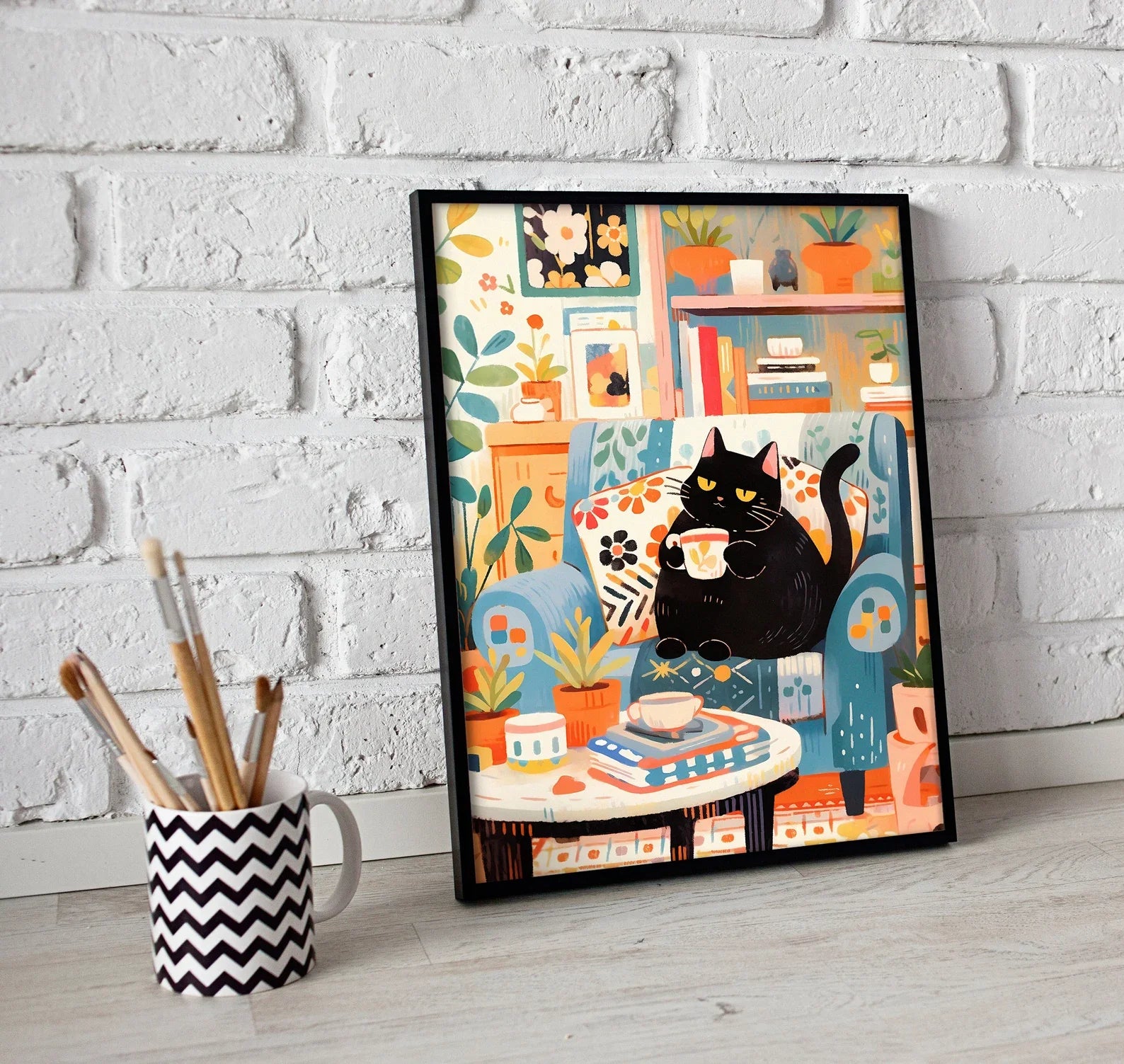 Cute Coffee Cat Canvas Wall Art | Cat Mom Gift Print Canvas Wall Art Peaceful Pleasures Health and Wellness