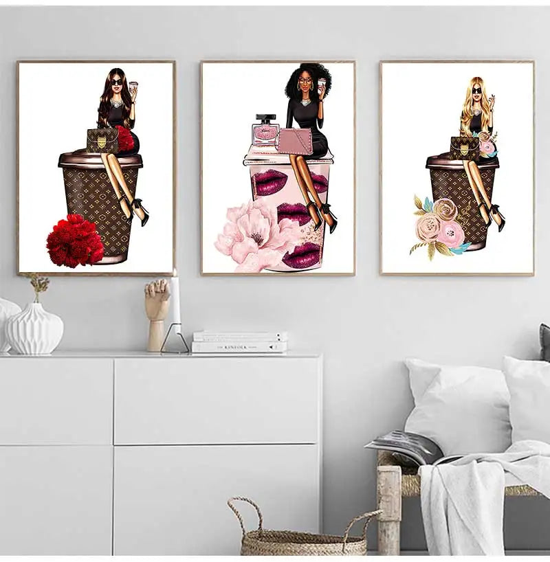 Paris Fashion Girl Flower Canvas Wall Art Print | Unframed Poster