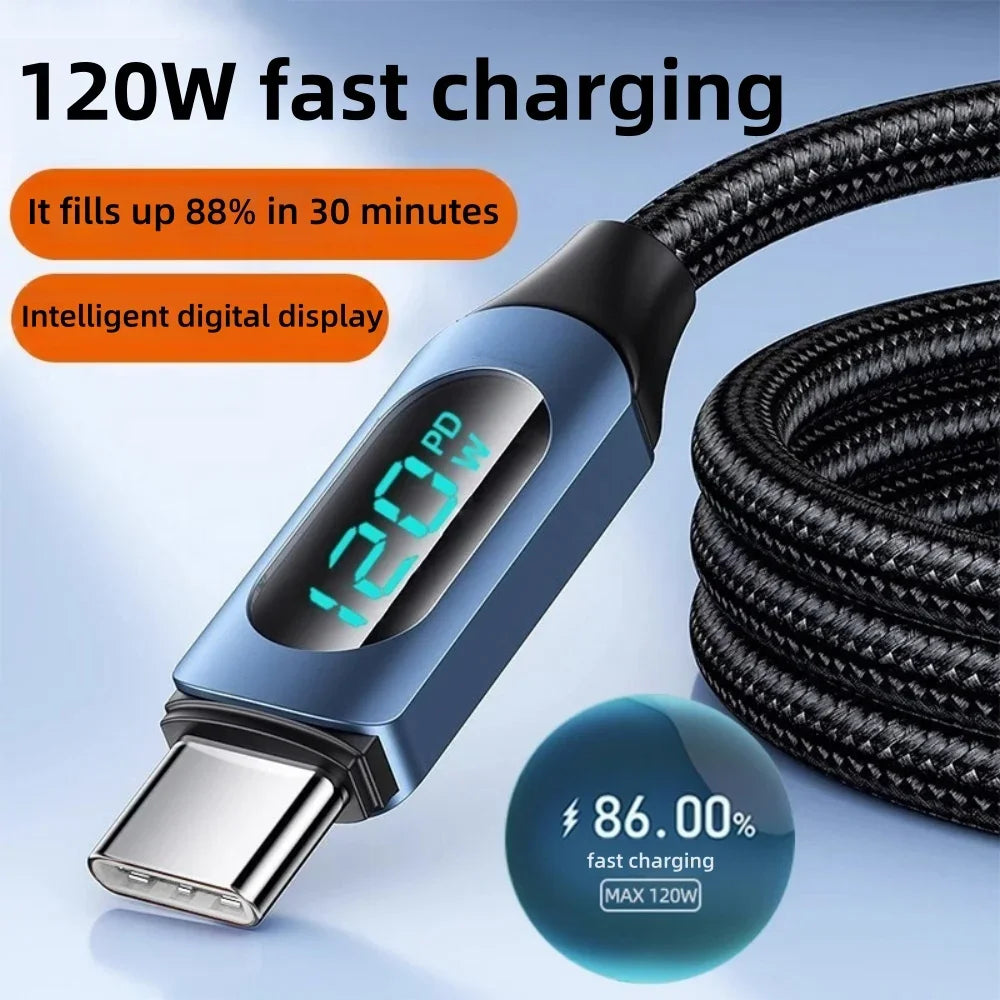 120W USB-C Fast Charging Cable | LED Display & Nylon Braided