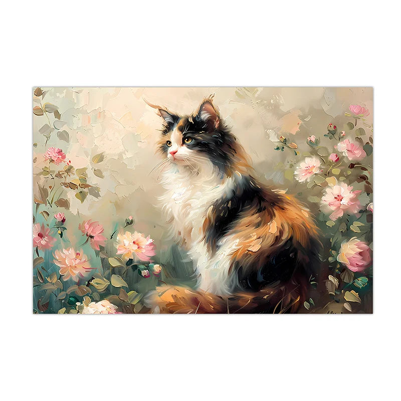 Vintage Animal Wall Art, Flower Cat Oil Canvas Painting, Nordic Poster Print for Bedroom Living Room Wall Decor Peaceful Pleasures Health and Wellness 04 30x40cm No Frame China Mainland