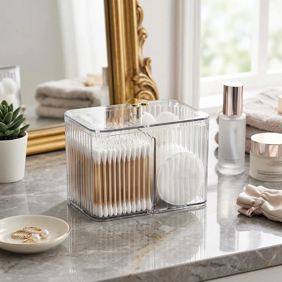 Q-Tips Holder & Bathroom Organizer – 3-Grid Apothecary Jar for Cotton Balls & Swabs