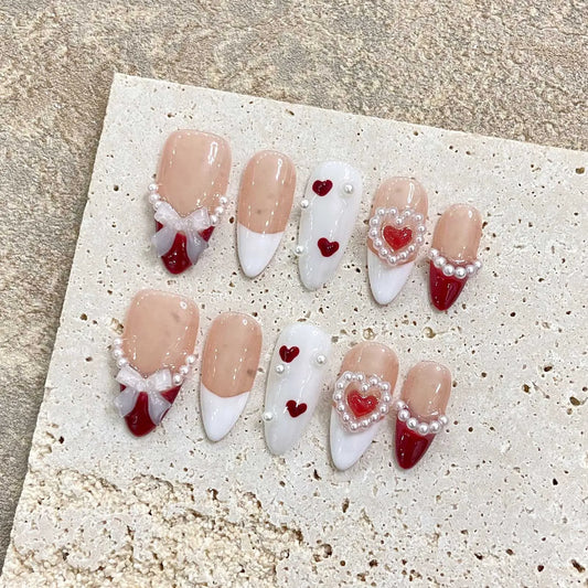 Red French Almond Press On Nails | Bow Pearl Design 10pcs Press On Nails Peaceful Pleasures Health and Wellness