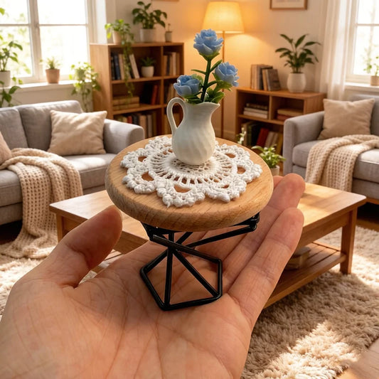 1:12 Miniature Round Coffee Table with Vase – Dollhouse Decor Dollhouse Miniature Furniture Peaceful Pleasures Health and Wellness