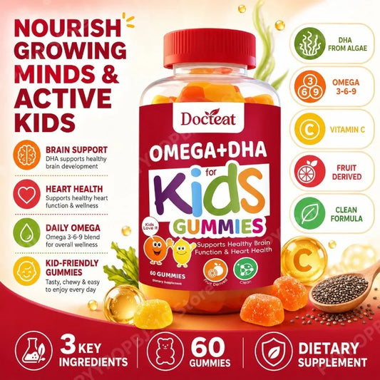 Omega+DHA Kids Gummies | Algae DHA, Chia Oil & Vitamin C | 60ct Kids Omega Gummies Peaceful Pleasures Health and Wellness