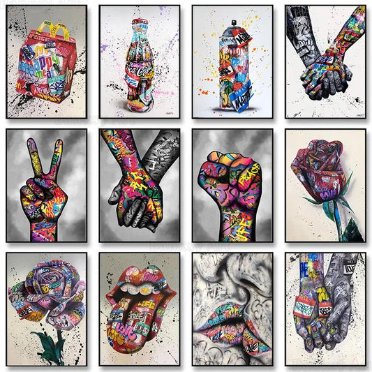 Graffiti Street Art Canvas Print | Love Kiss Hand Gestures Poster Canvas Wall Art Peaceful Pleasures Health and Wellness