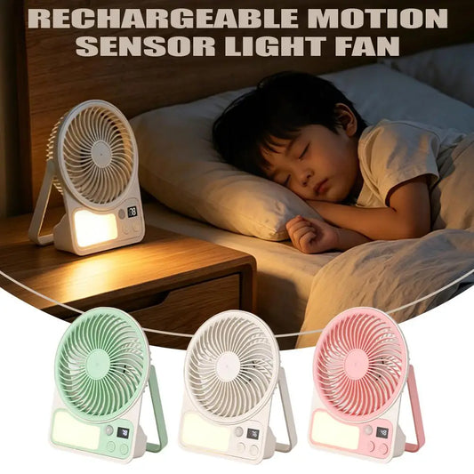 USB Rechargeable Motion Sensor Fan with Light Portable Desk Fan for Dorm Bedroom Camping Quiet Small Fan Long Battery Life Auto Peaceful Pleasures Health and Wellness