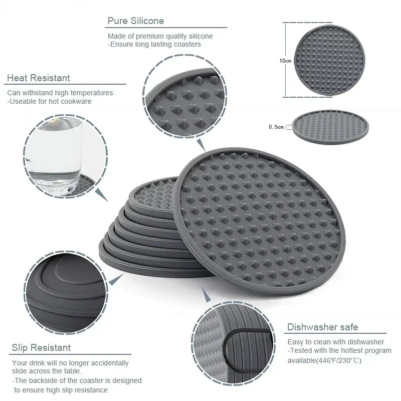 6-Piece Silicone Coaster Set with Storage Holder – Heat-Resistant Round Cup Mats, 10cm