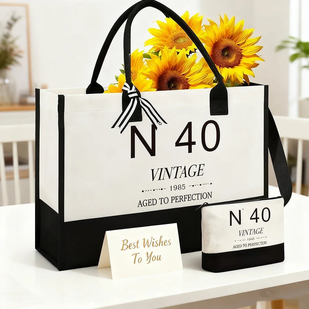 40th Birthday Canvas Tote & Cosmetic Bag Gift Set for Her Birthday Gift Tote Set Peaceful Pleasures Health and Wellness