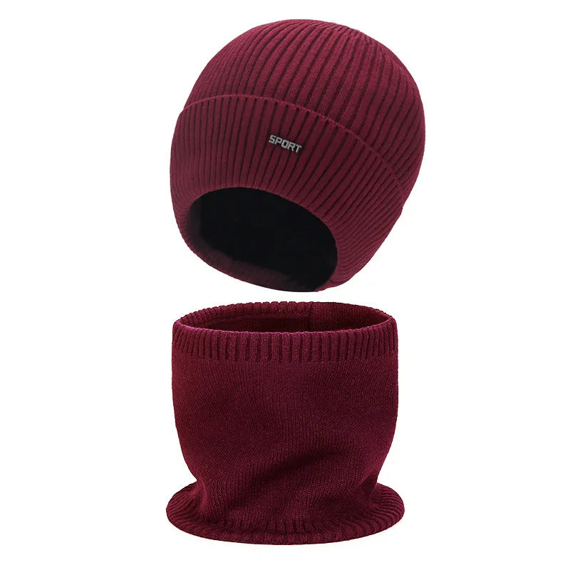 Winter New Solid Color Men's And Women's Knitted Hats+Ear Protection Scarf Set Warm Hat Scarf,Outdoor Warm Hat Warm Peaceful Pleasures Health and Wellness Wine Red Set One Size