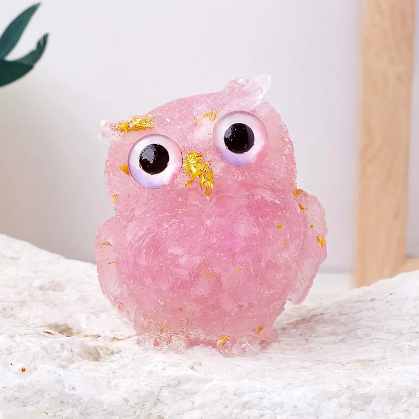 Crystal Owl Figurine – Amethyst & Rose Quartz Resin Ornament