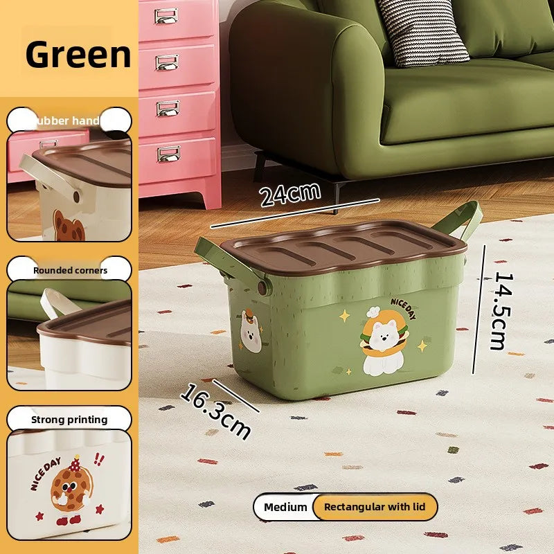 Cartoon Pattern Lidded Storage Box for Toys Snacks Dustproof Desktop Container Household Storage Solution for Various Items Peaceful Pleasures Health and Wellness Green with Lid M 1 Pc