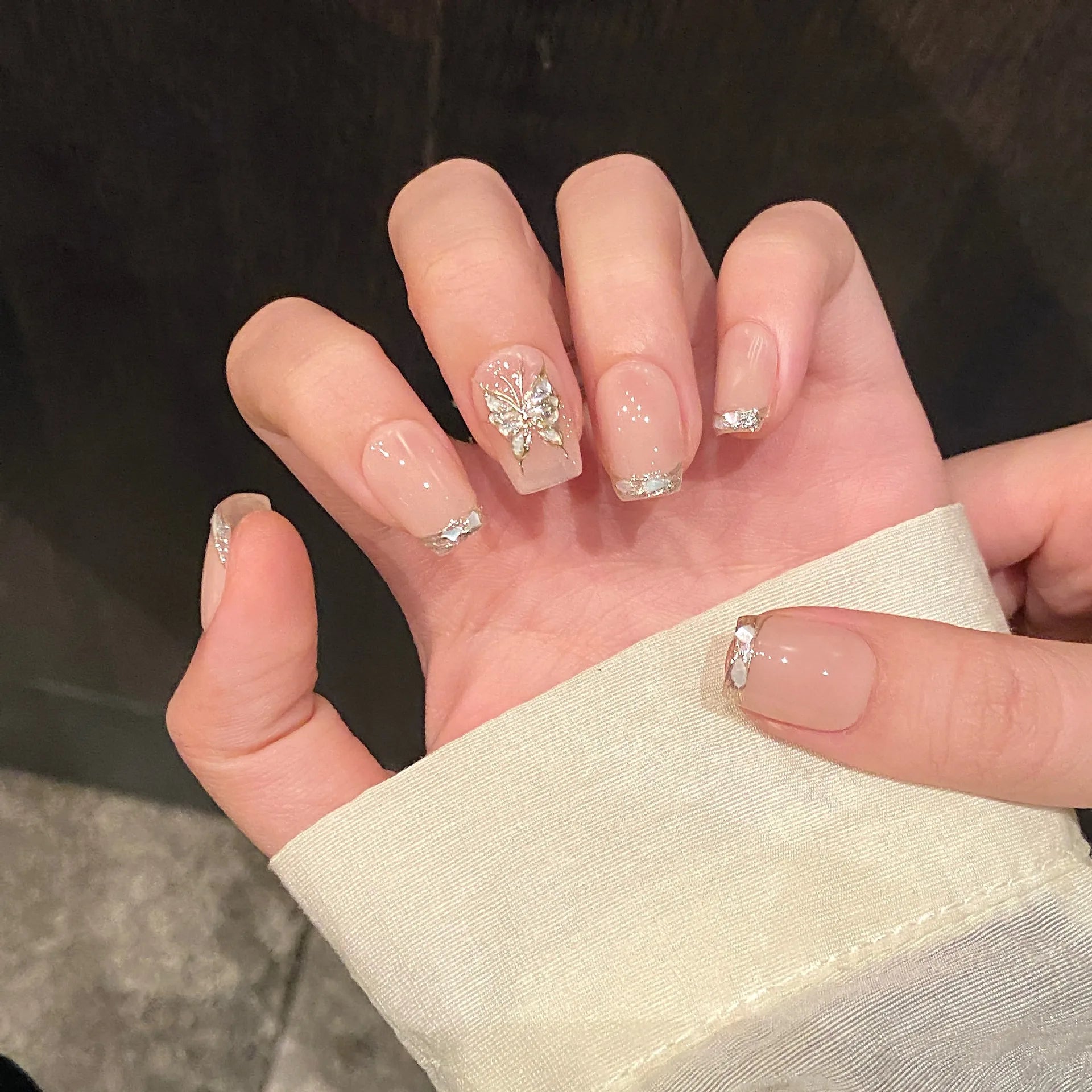 10pcs Handmade Short French Press on Nails with Gold Butterfly Design Fake Nails Wearable Reusable Fashion Nude False Nail Tips Peaceful Pleasures Health and Wellness