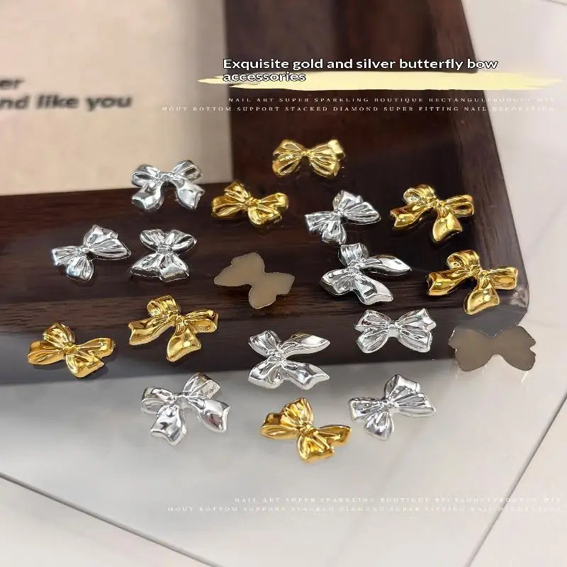 50pcs Gold Silver Brief French Bow Tie Bowknots Ribbon Resin Nail Art Rhinestones Decorations Manicure Imitation Metal Charms Peaceful Pleasures Health and Wellness