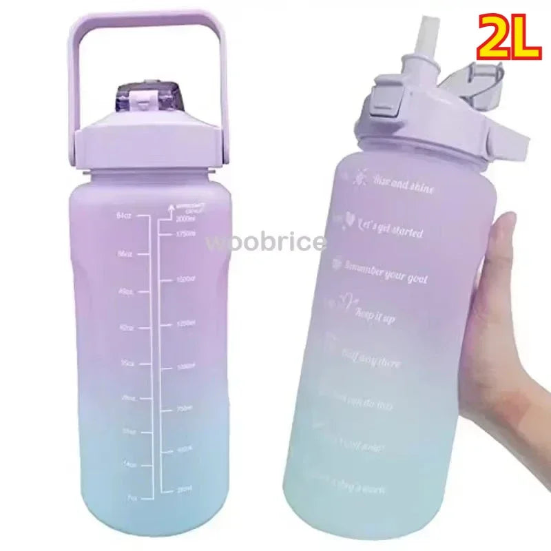 2L Motivational Sports Water Bottle with Time Marker & Straw