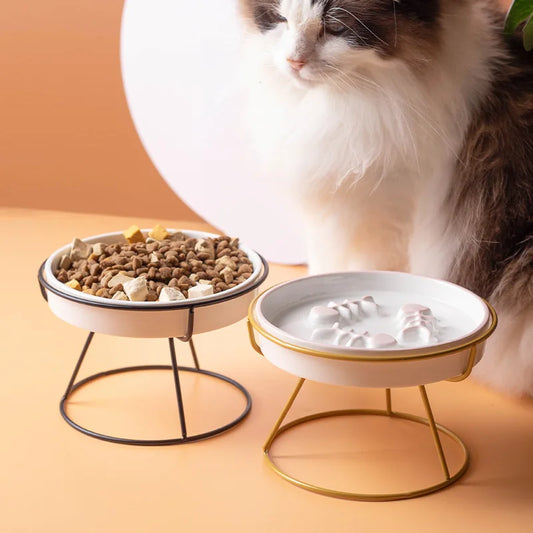 New Practical Cat Bowl Ceramic Slow Food Plate Bowl Slow Food Anti Choking Grain Bowl High Foot Protection Spine Anti Black Chin Peaceful Pleasures Health and Wellness