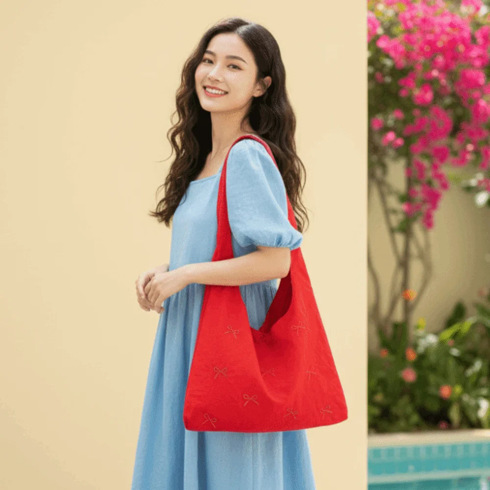 Bowknot Embroidered Canvas Tote Bag | Large Shoulder Handbag Canvas Tote Bag Peaceful Pleasures Health and Wellness