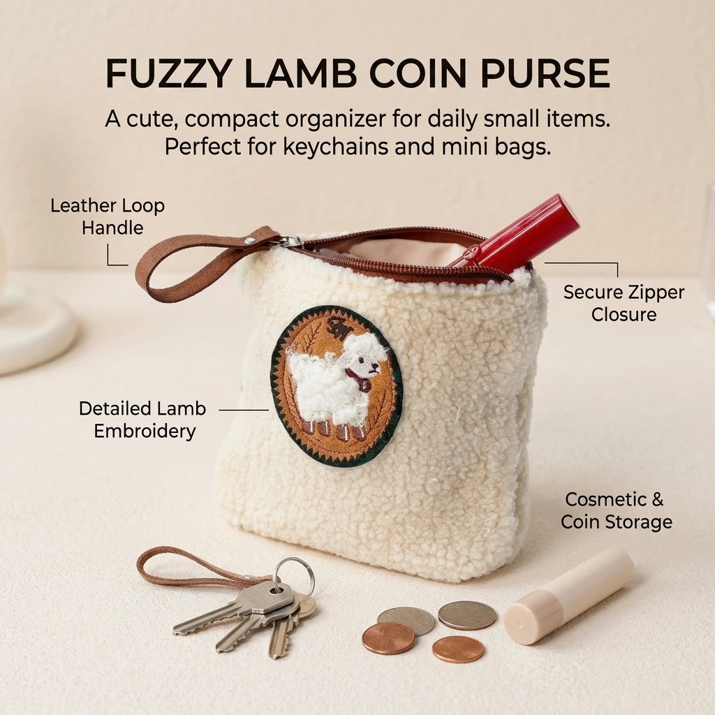 Mini Sheep Coin Purse Keychain for Girls Polyester Plush Embroidered Pouch with Metal Ring Peaceful Pleasures Health and Wellness