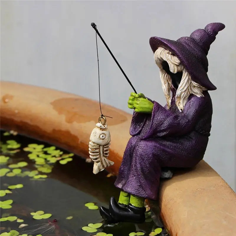A36T-Fishing Witch Resin Crafts Ornaments Halloween Decorations Aquarium Flower Pot Decoration Peaceful Pleasures Health and Wellness
