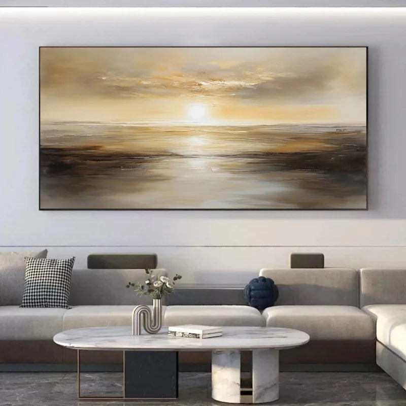 1pc Large Frameless Modern Abstract Canvas Art Sunset Wall Painting, Vibrant Blue & Golden Design, Living Room Decor Sunset Art Peaceful Pleasures Health and Wellness