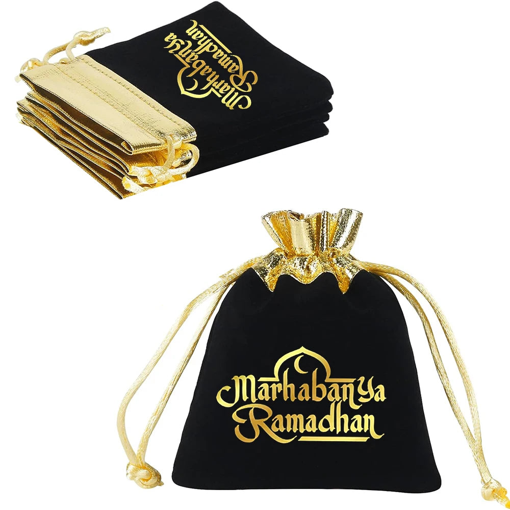 5-Pack Ramadan Mubarak Velvet Gift Bags | Eid Pouches Velvet Gift Bags Peaceful Pleasures Health and Wellness 5 pieces 10x14cm