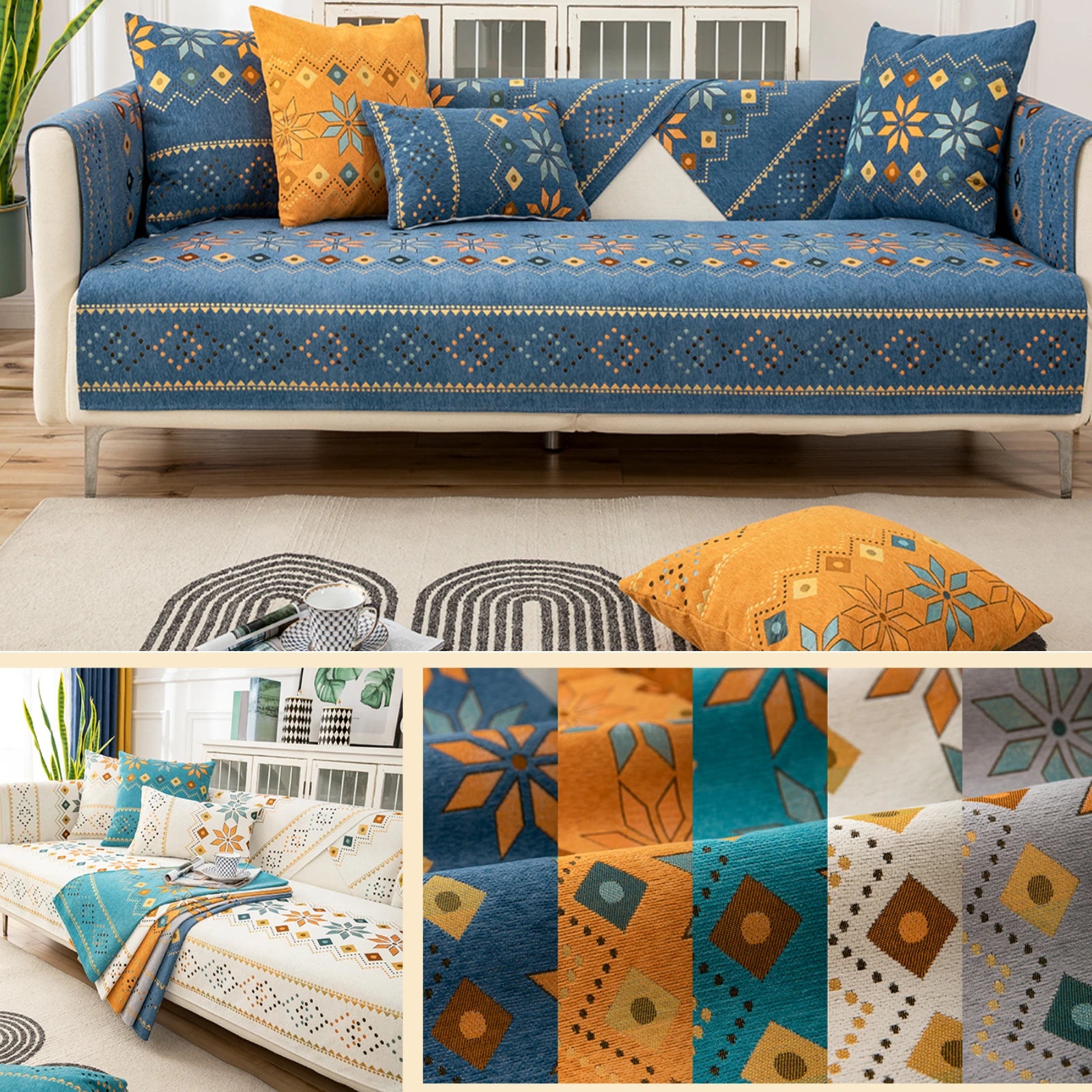 Boho Chenille Couch Sofa Covers Geometric Decor for Sofa Seater Non Slip Sectional l Shaped Furniture Protector for Home Room Peaceful Pleasures Health and Wellness