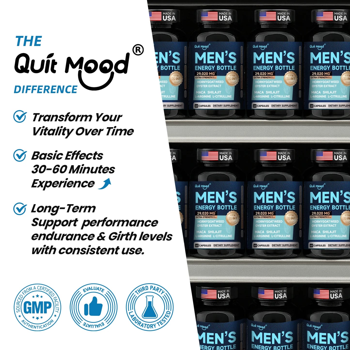 Quit mood Mighty Man Energy 20 in 1 Bottle - Enjoy the Power Every Moment, Horny Goat Weed 300mg, Oyster Extract 200mg, Maca 100 Peaceful Pleasures Health and Wellness