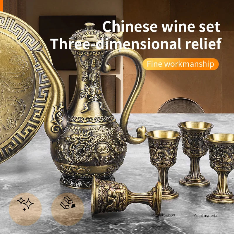 6 Pcs set Dragon and Phoenix Wine Set Tea Pot Home Party Decorative With 4 Cup Set Coffee Tea Serving Pot With Round Shaped Tray Peaceful Pleasures Health and Wellness