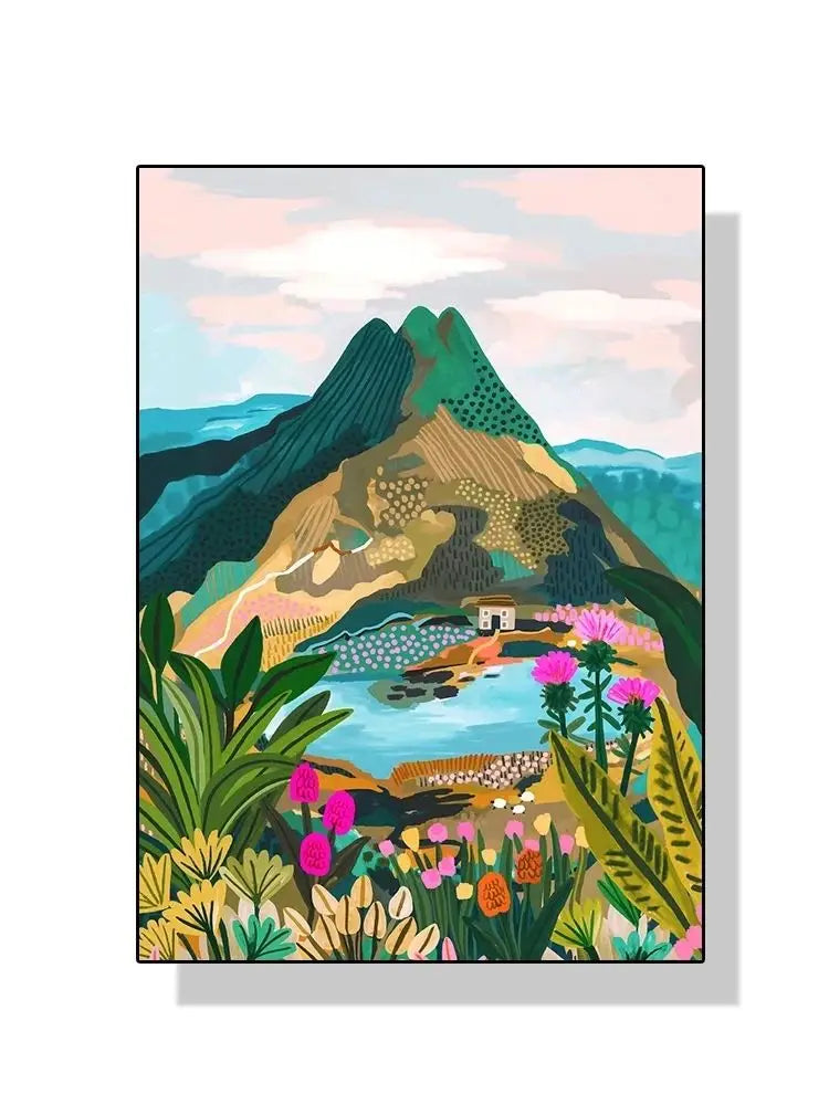 Nordic Flowers Mountain Lake Colorful Nature Landscape Travel Poster Canvas Print - Abstract Wall Art for Room Home Decor Peaceful Pleasures Health and Wellness 13 20x30cm Unframed