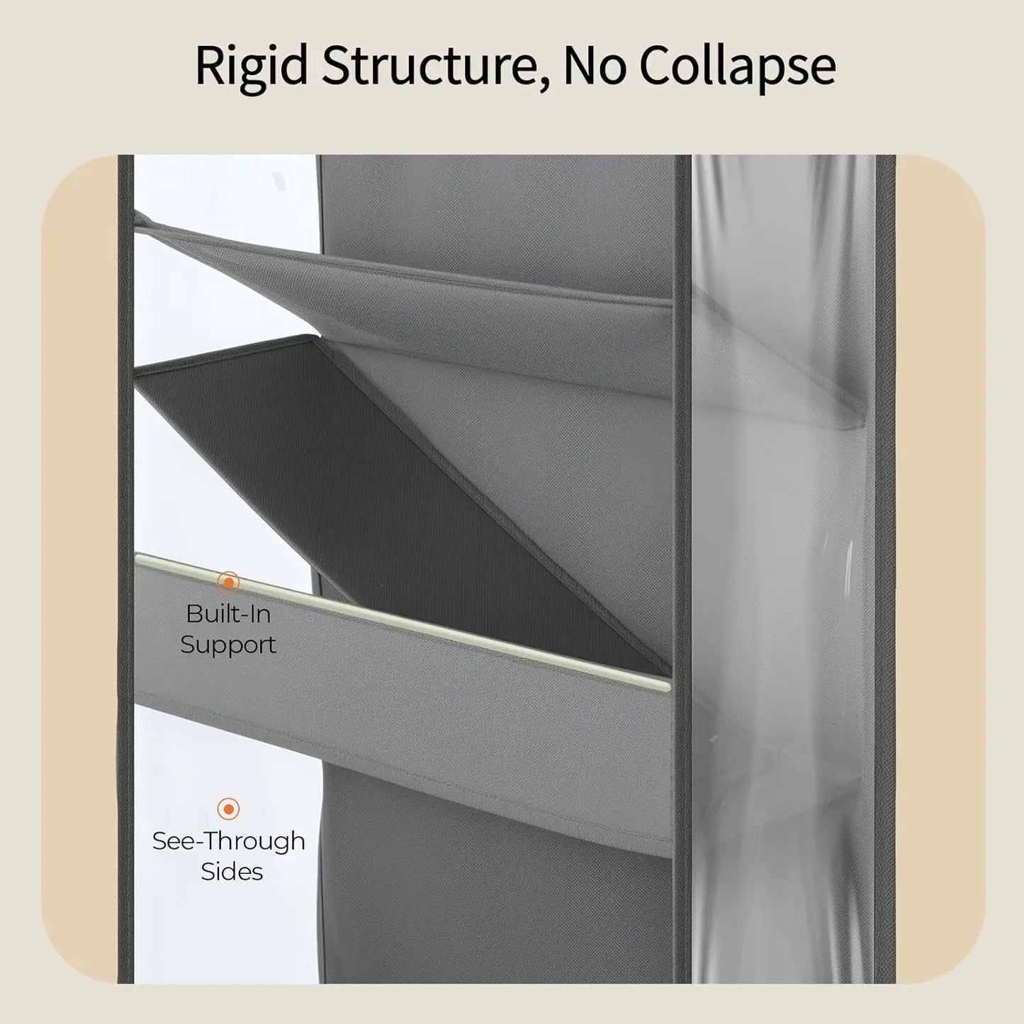 Sturdy metal structure with 'Rigid Structure, No Collapse' text and built-in support feature.